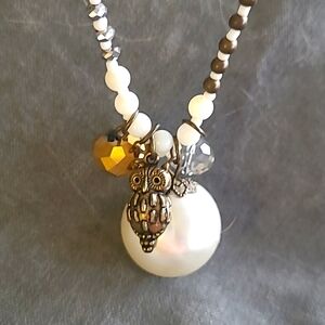 Super long colour block necklace with large faux pearl, crystal and Owl pendant